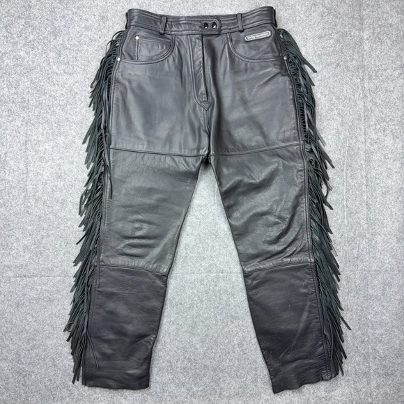 Harley-Davidson Pants - VTG Harley Davidson Leather Pants Womens 16 Black Motorcycle Biker Fringe 80s